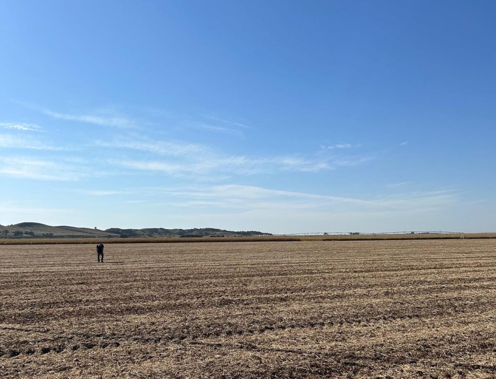 Man standing in a freshly plowed field after harvest, demonstrating fall tillage techniques for soil optimization